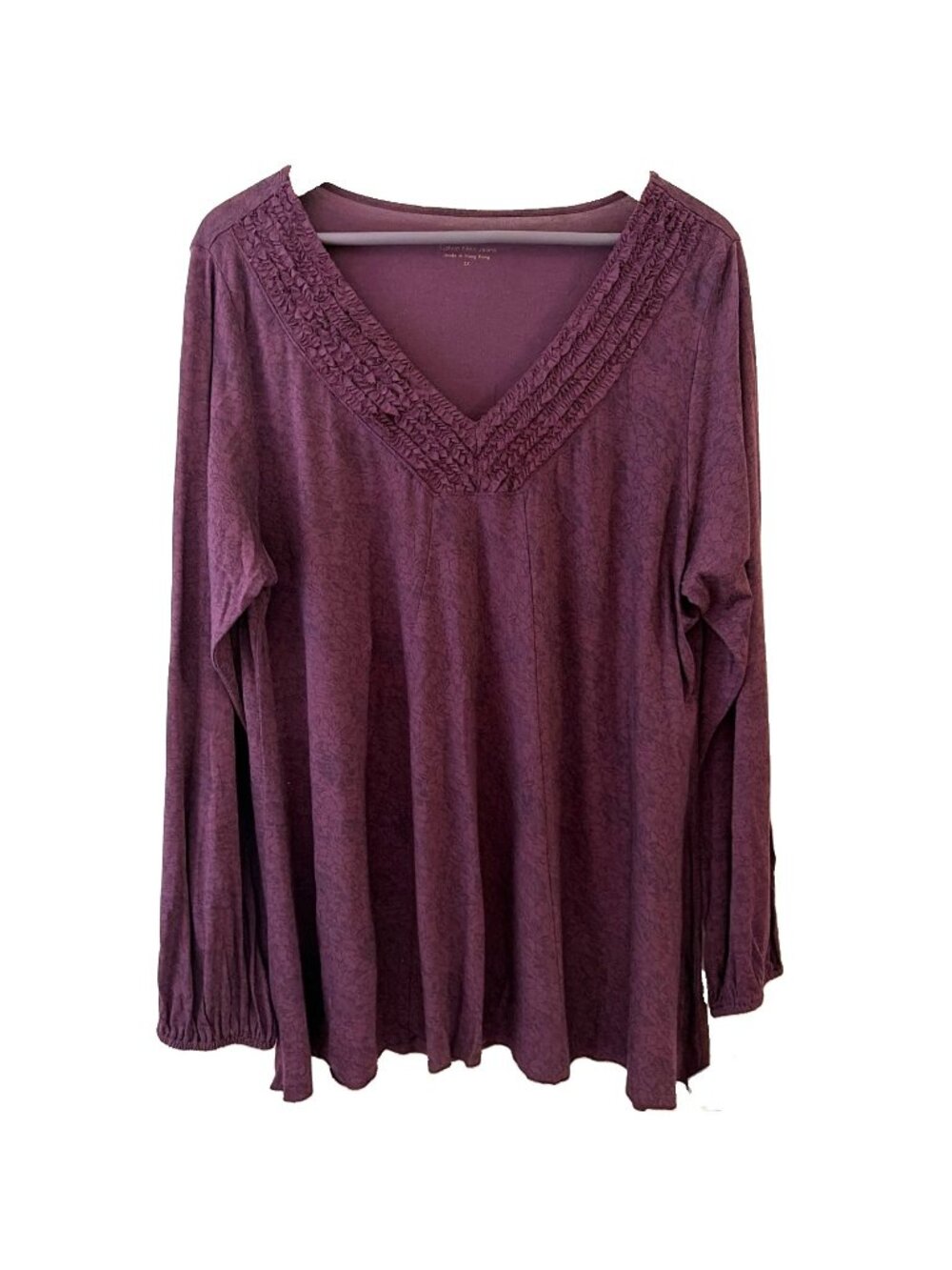 Calvin Klein Womens Ruffle Neck Knit Top Size 2X Burgundy Floral Dark Fairy NWT